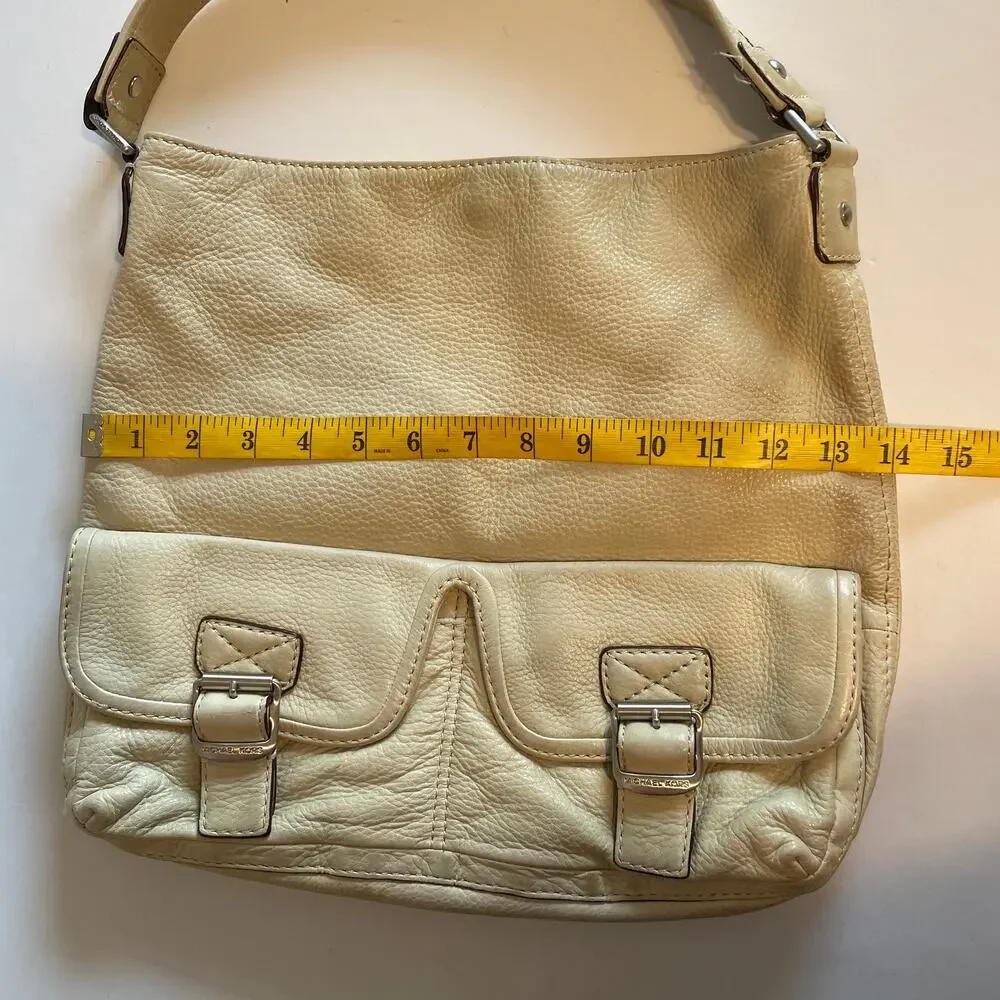 Michael Kors Cream Leather Ranger Hobo Bag Womens Pebbled Slouchy Handbag Purse